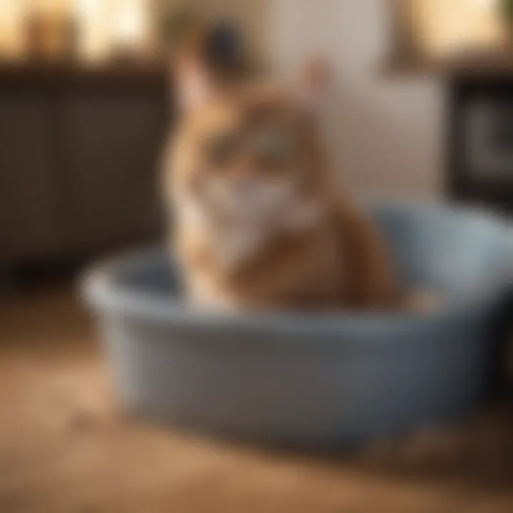 A cat comfortably using a litter box filled with premium quality litter.
