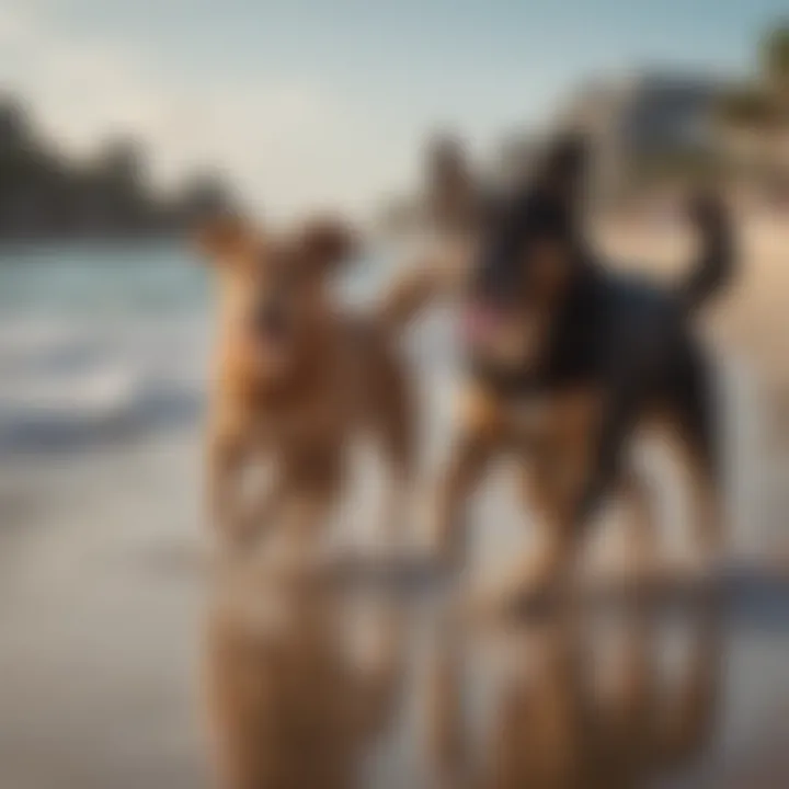 A group of dogs playing together on the beach, showcasing a friendly atmosphere