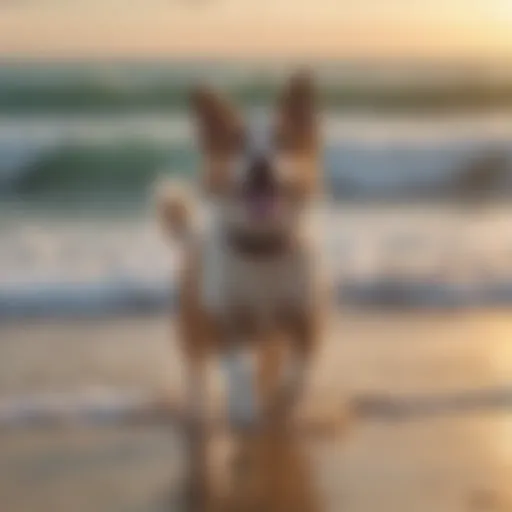 A happy dog playing on a sandy beach with waves in the background