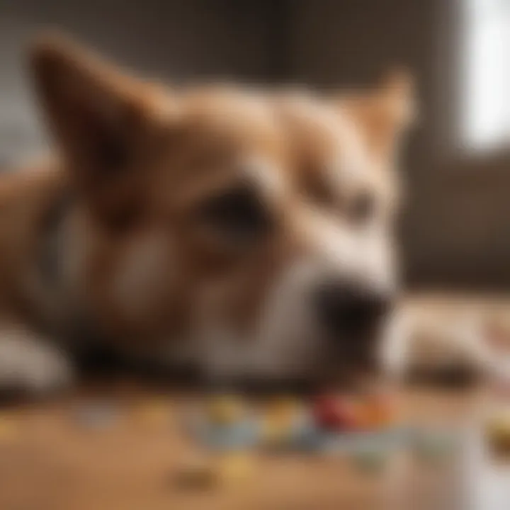 A dog exploring interactive puzzle toys