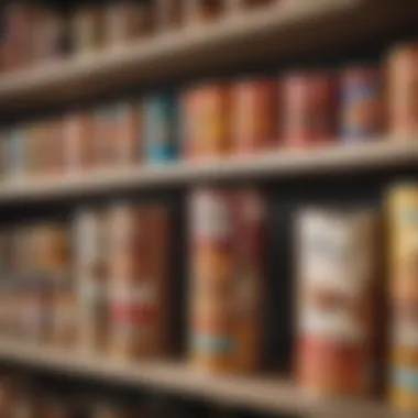 Various brands of dry cat food displayed on a shelf.