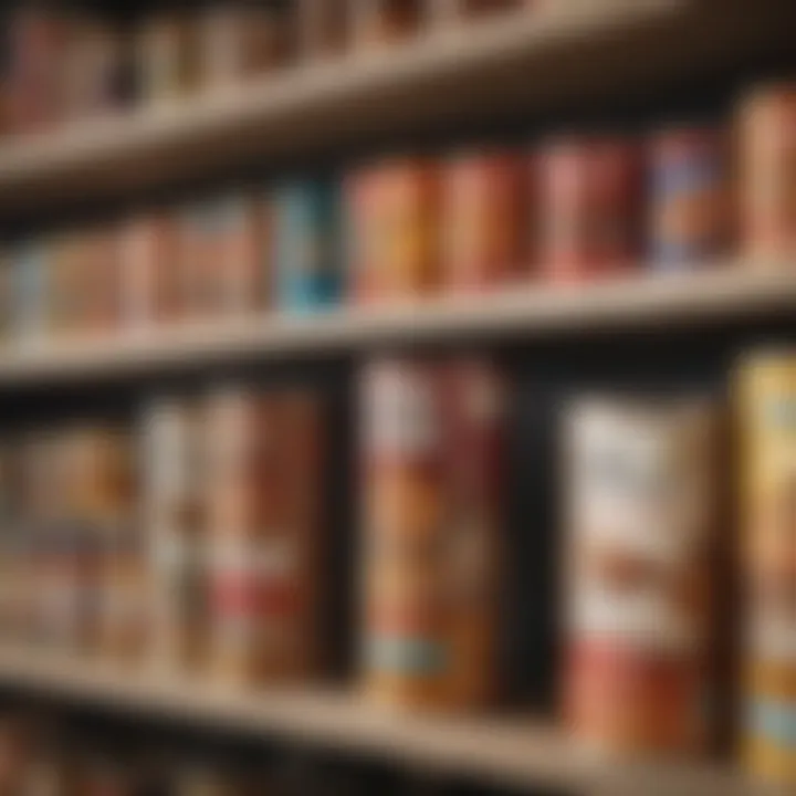Various brands of dry cat food displayed on a shelf.