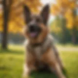 A playful female German Shepherd in a vibrant park setting