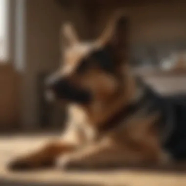 A serene female German Shepherd resting comfortably at home