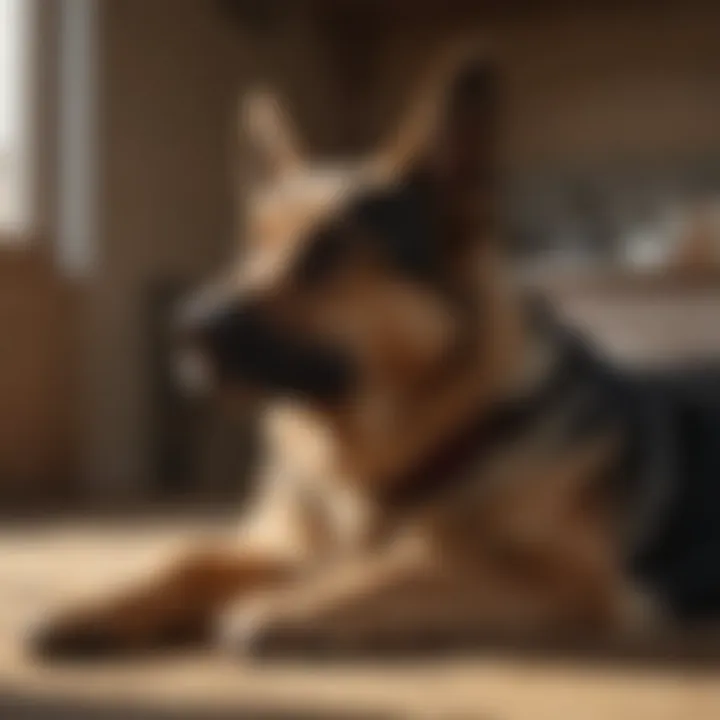 A serene female German Shepherd resting comfortably at home