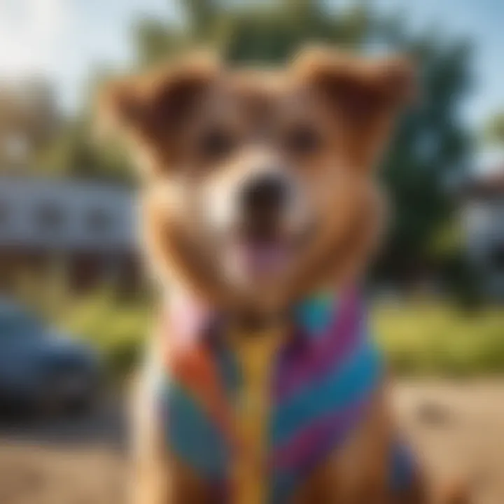 A happy dog enjoying a sunny day in a tie-dye costume.