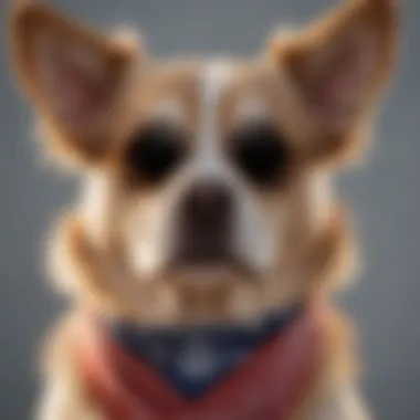 Close-up of a dog wearing a peace sign bandana and sunglasses.