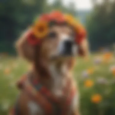 A stylish dog dressed in a vibrant hippie costume with floral patterns.