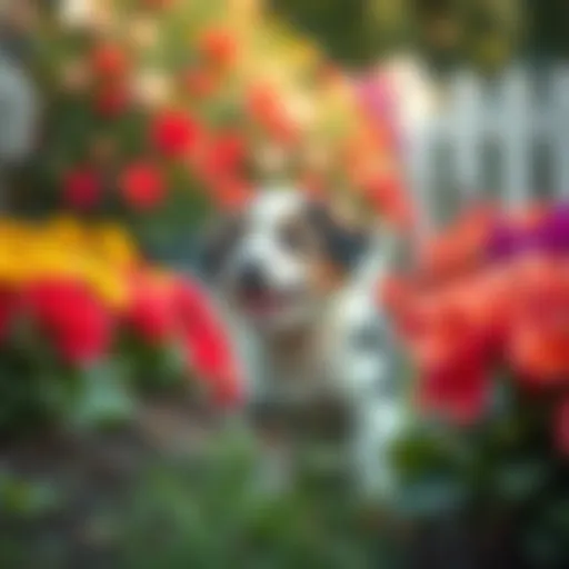 A joyful male puppy exploring a vibrant garden