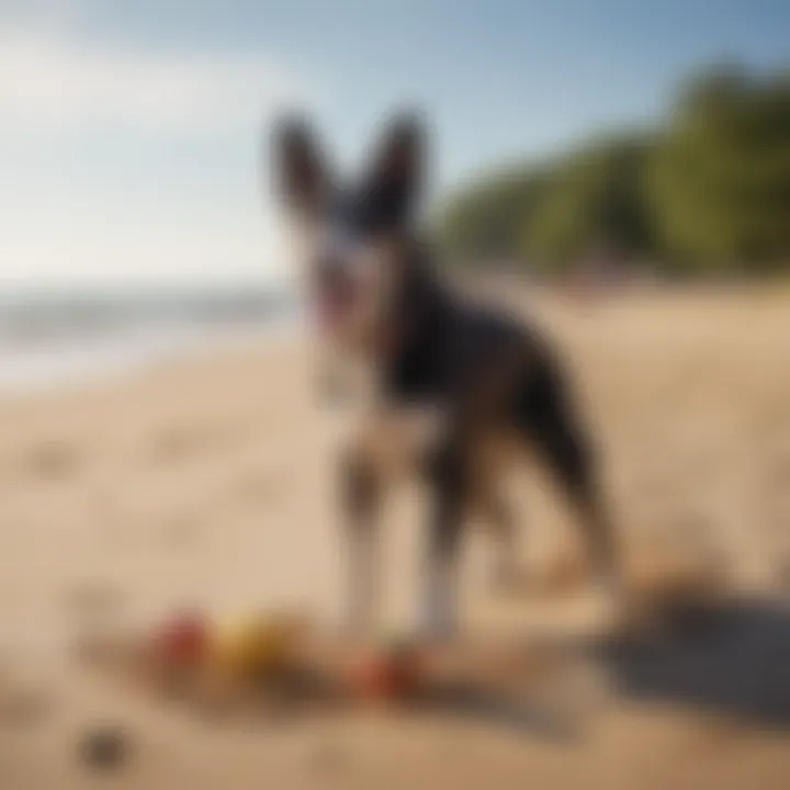 A scenic view of a dog-friendly beach in Michigan with dogs playing in the sand.