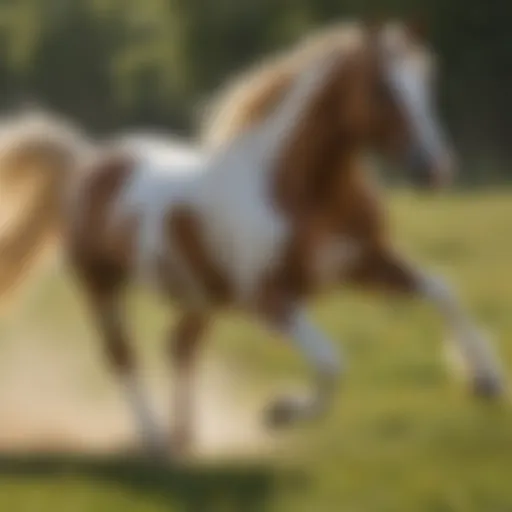 A majestic paint horse galloping across a sunlit meadow, showcasing its unique coat patterns.