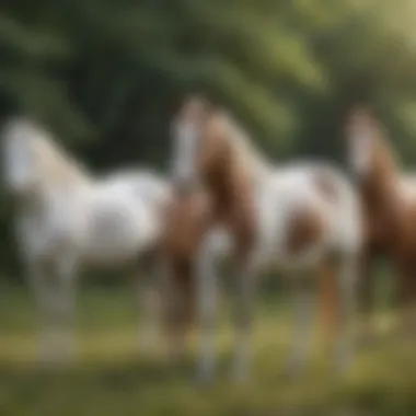 A serene landscape featuring a group of paint horses grazing peacefully, embodying their natural habitat.