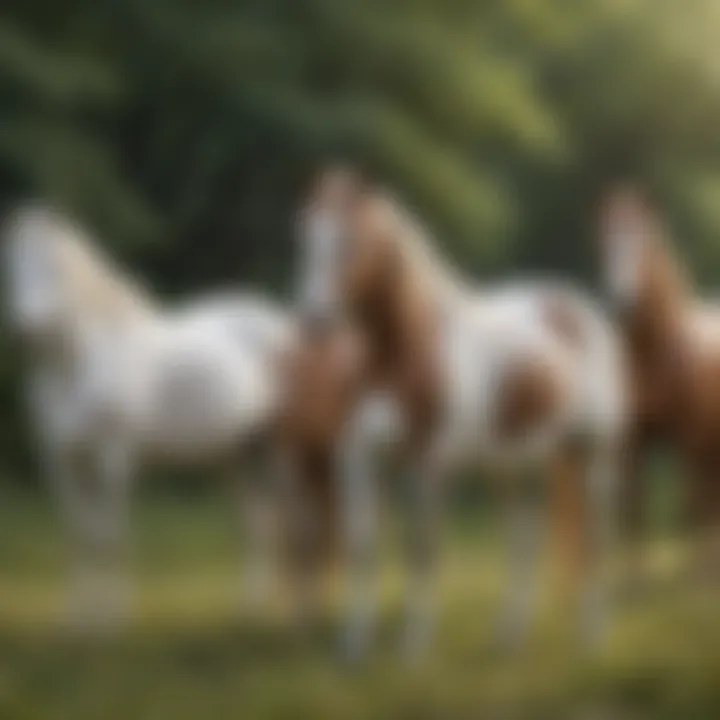 A serene landscape featuring a group of paint horses grazing peacefully, embodying their natural habitat.