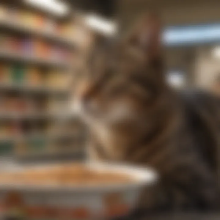 Customer reading reviews of Rachel Ray cat food in Walmart.