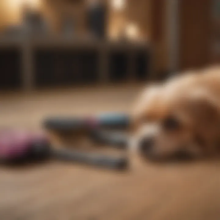 A close-up of grooming tools beside a small dog, illustrating the grooming needs of low-shedding breeds.