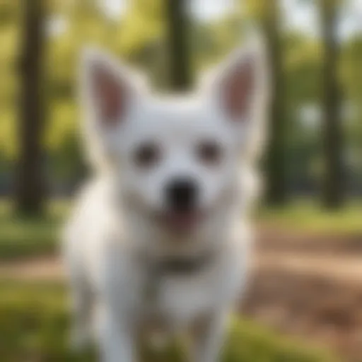 A playful small white dog exploring a park