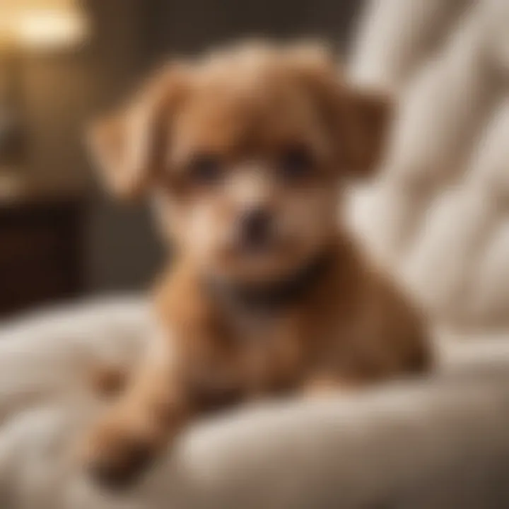 Teacup Poodle mix sitting gracefully on a soft cushion