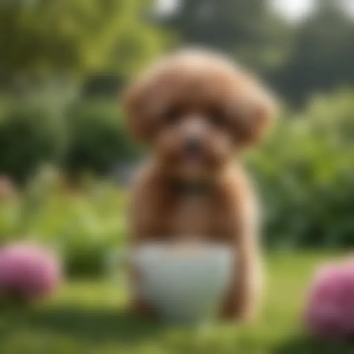 A teacup poodle mix with a playful expression in a lush garden