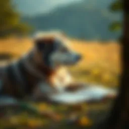 A serene landscape featuring a dog resting beside a poet's notebook