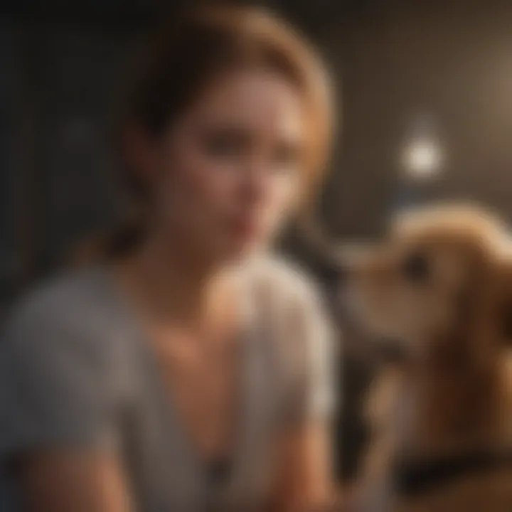 A pet owner fitting a halo on their blind dog.