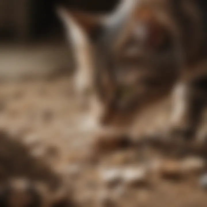 A close-up of a cat interacting with compostable litter, highlighting its texture.