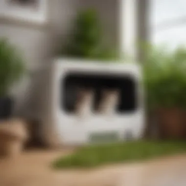 Eco-Friendly Cat Litter Box Setup An eco-friendly cat litter box filled with compostable litter amidst greenery.