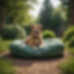 Cozy outdoor waterproof dog bed in a green garden setting