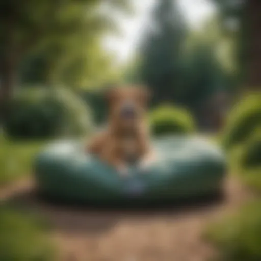 Cozy outdoor waterproof dog bed in a green garden setting