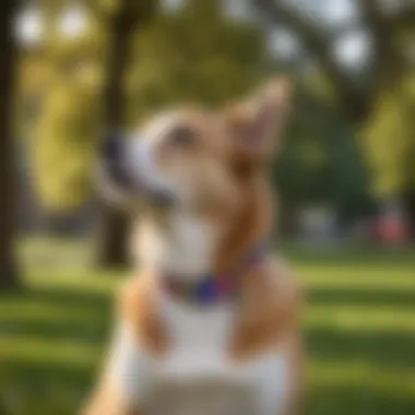 A dog wearing a stylish and colorful soft collar in a park