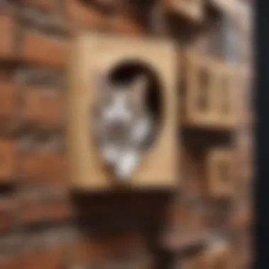 A playful cat exploring a vertical space created by wall-mounted cat houses