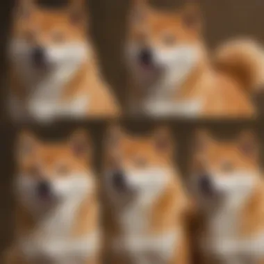 Various Shiba Inu in different coat colors including red, sesame, and cream