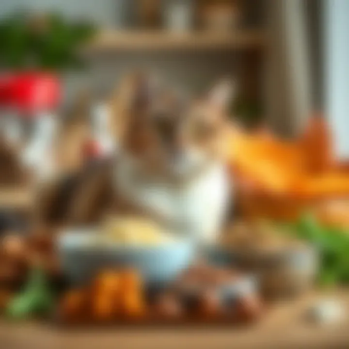Variety of nutritious cat food options arranged on a table