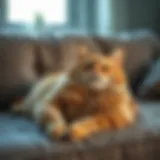 Obese cat lounging on a comfortable couch