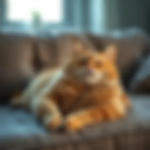 Obese cat lounging on a comfortable couch