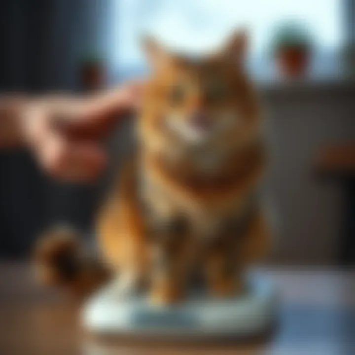Cat owner weighing cat on a scale