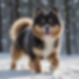 Playful Finnish Lapphund puppy in a snowy landscape