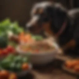 A bowl filled with high-quality duck dog food surrounded by fresh vegetables