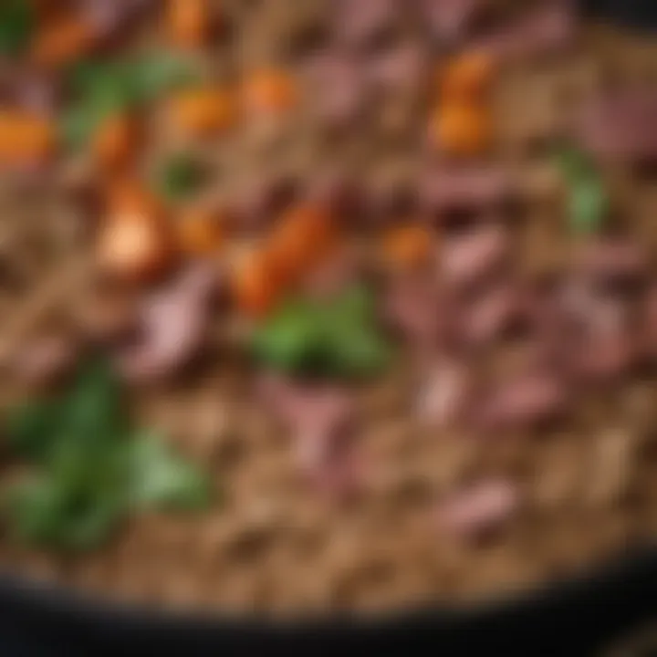 Close-up of duck dog food ingredients including duck meat and vegetables