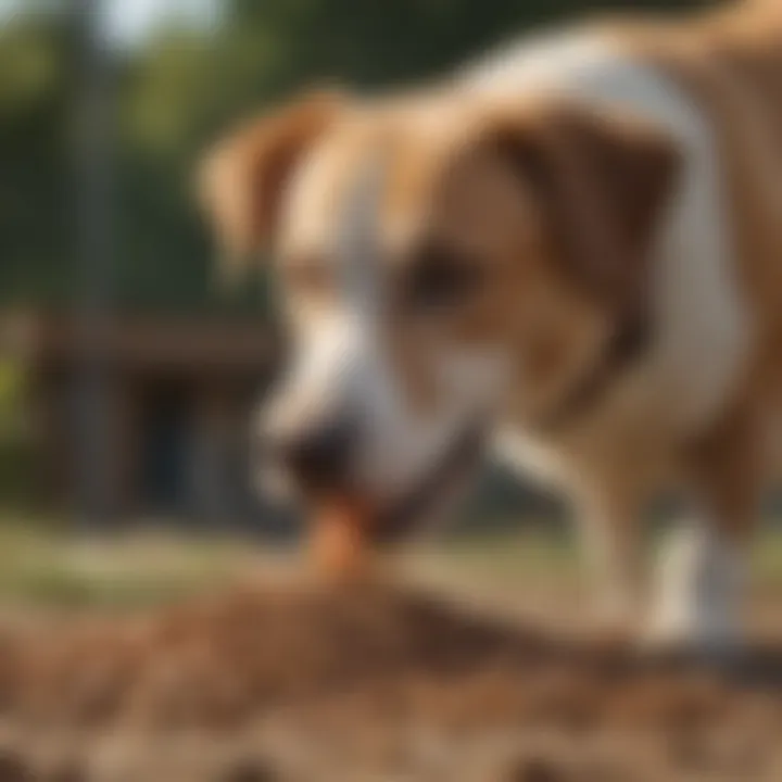 A happy dog enjoying a meal of duck-based kibble outdoors