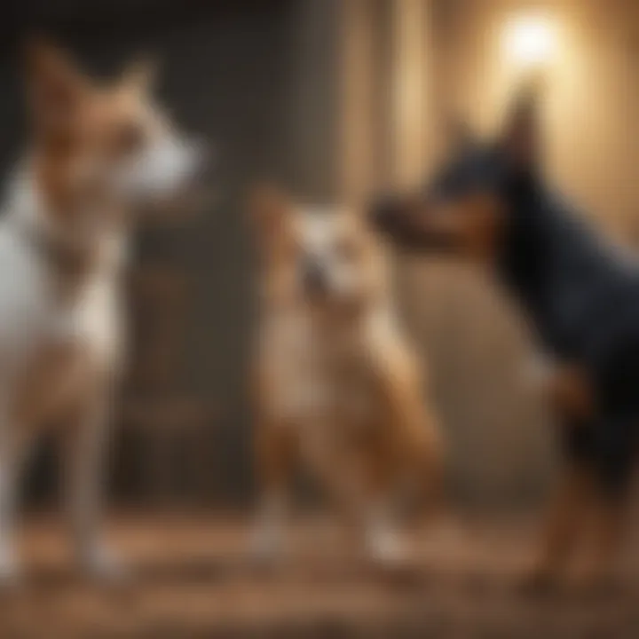 A group of dogs interacting in a social setting, highlighting behavioral nuances