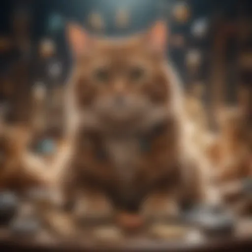A whimsical illustration depicting a cat surrounded by mystical symbols representing nine lives