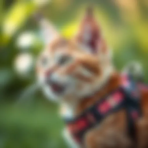 A close-up view of a velcro cat harness on a playful feline