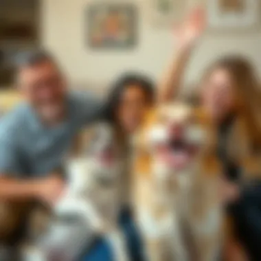 Happy adopted pets with their new families celebrating together