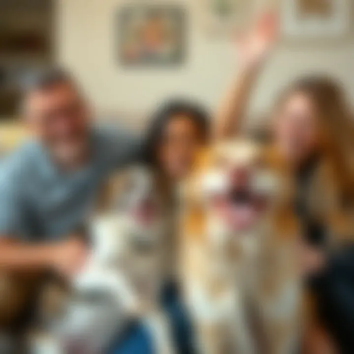 Happy adopted pets with their new families celebrating together