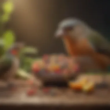 Balanced Diet for Pet Songbirds A colorful array of seeds and fruits, representing a balanced diet for songbirds.