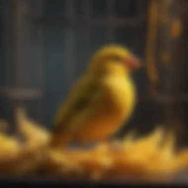 Vibrant Canary in its Cage A vibrant canary perched in its cage, showcasing its bright yellow feathers.