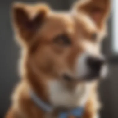 Close-up of a dog with a name tag featuring an elegant name.