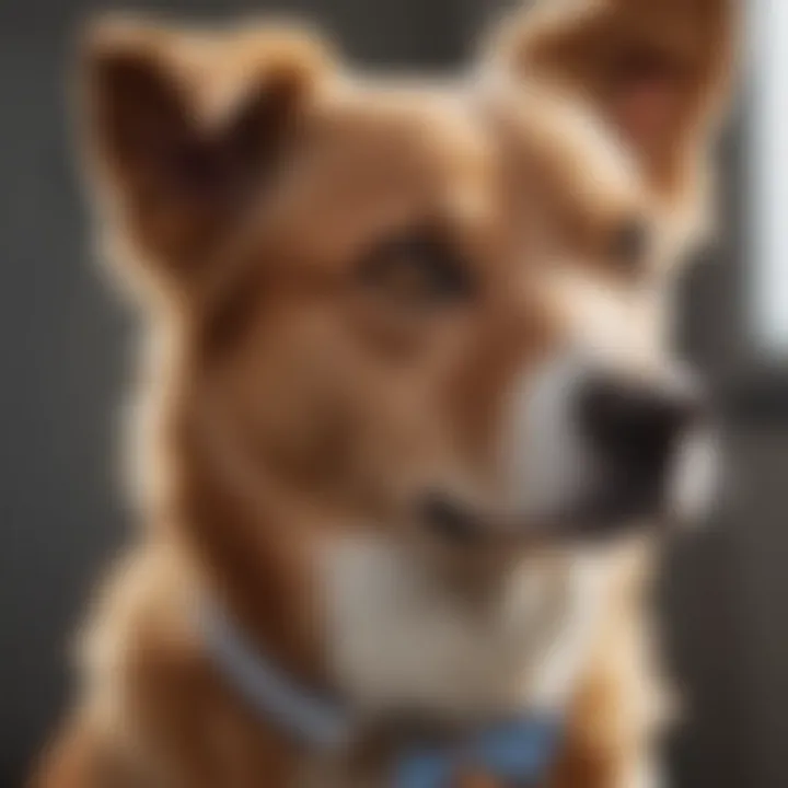 Close-up of a dog with a name tag featuring an elegant name.