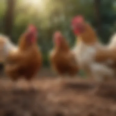 A group of unusual chicken breeds interacting in a free-range environment, illustrating their engaging and friendly nature.