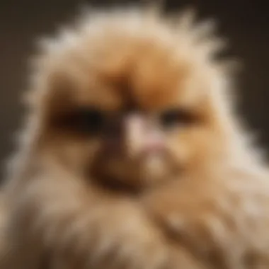 Close-up of a Silkie chicken with its fluffy feathers and distinct appearance, highlighting its charm.